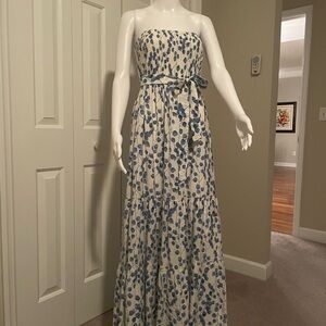 Aakaa Strapless Dress with Blue Floral Design